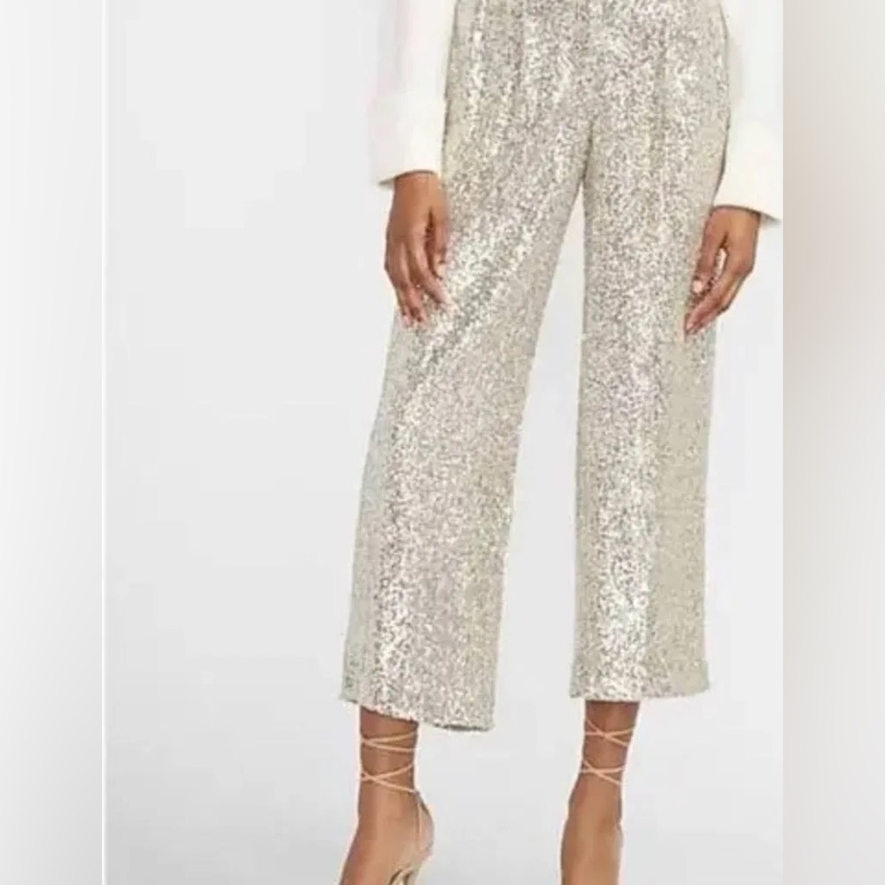 Express Silver Sequin Wide-Leg Crop Trousers